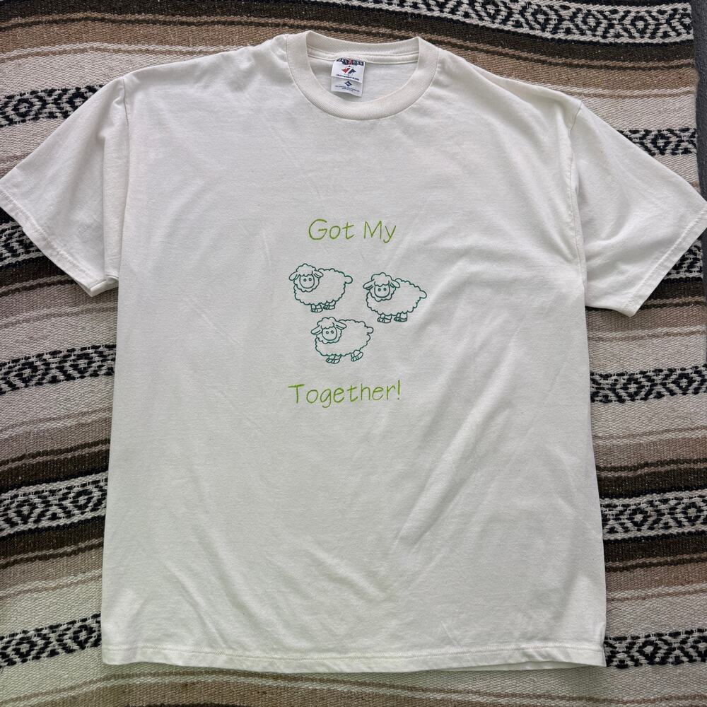 Vintage 2000's Got My Sheep Together White Green Funny Pun Joke Tee Shirt Sz XL